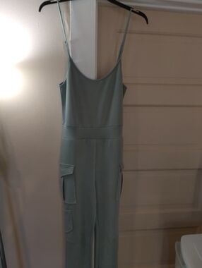 Chocolate Sage Green Spaghetti-Strap Cargo Jumpsuit